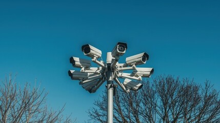 cluster of surveillance cameras against clear blue sky