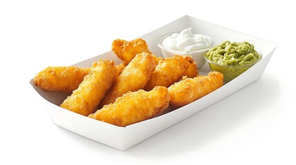 Chicken and cheese taquitos in a paper tray with sour cream and guacamole 