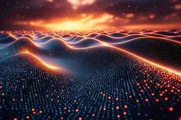 Abstract Wave of Glowing Particles Forming a Digital Landscape at Sunset