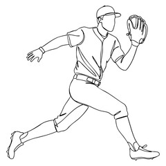 Obraz premium Vector line art of a baseball player in mid-run catching a ball with a glove, athletic action pose