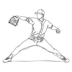 Fototapeta premium Vector line art of a baseball pitcher in wide throwing stance, delivering powerful pitch