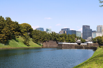Beautiful landscape with Tokyo downtown skyscrapers and one of Imperial Palace entrance