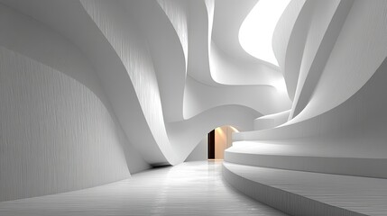Abstract White Interior with Curved Walls and Bright Light