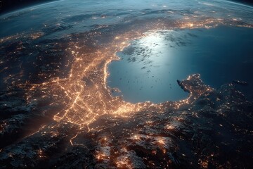 Aerial Night View of City Clusters Illuminated From Space