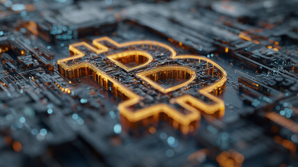 Digital bitcoin cryptocurrency with golden circuitry and binary code background, symbol of digital economy and investment

