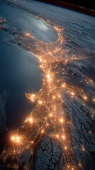 Aerial Night View of Coastal City Lights from Space