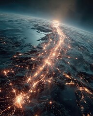 Aerial Night View of Illuminated City Lights on a Planet