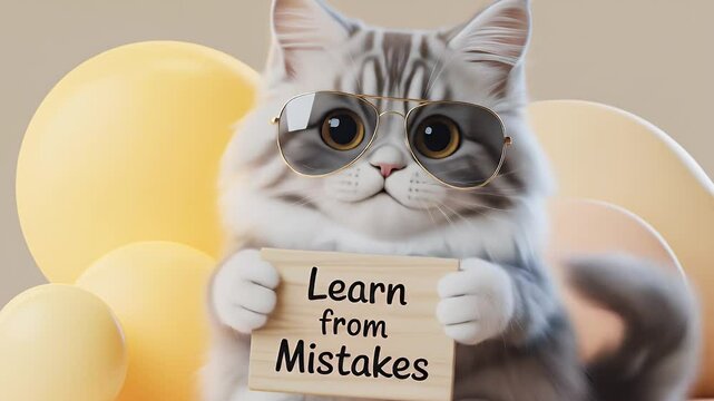 Silver Cat Wearing Glasses Holding Learn From Mistakes Sign with Pastel Spheres for Decoration or Educational Use
