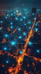 Aerial View of City at Night Illuminated with Network Connections