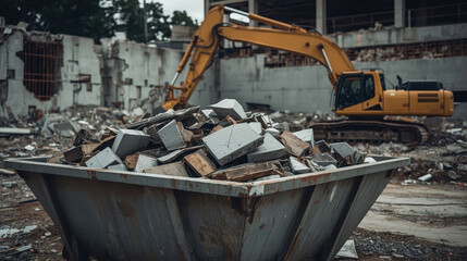construction debris container in urban demolition site