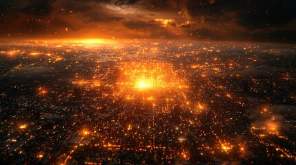 Aerial View of Burning City at Night