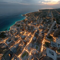 Aerial View of City at Night with Coastal Lights