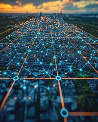 Aerial View of City at Sunset with Glowing Digital Network