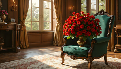 Luxury eighteenth century side table with roses vase in sunlit room