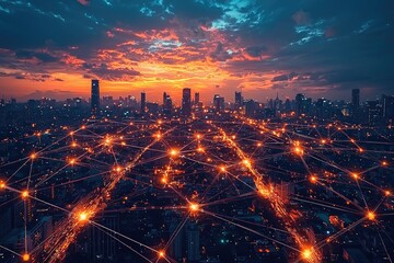 Aerial View of City at Sunset with Illuminated Streets and Buildings