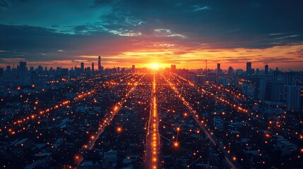 Aerial View of City at Sunset with Illuminated Streets and Network Beams