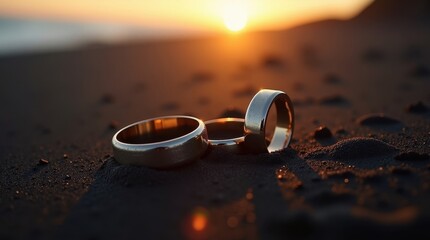 golden rings resting on dark sand at sunset
