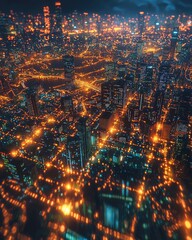 Aerial View of Illuminated City at Night
