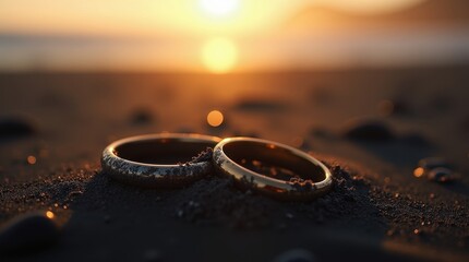 golden rings resting on dark sand at sunset
