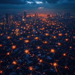 Aerial View of Illuminated City at Night Showing Network Connections