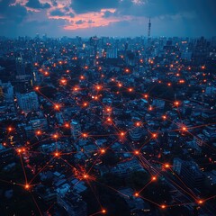 Aerial View of Illuminated City at Night with Smart Grid Overlay