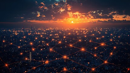 Aerial View of Illuminated City at Sunset