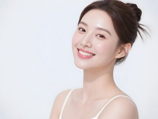 Elegant Woman with Natural Makeup Touching Face &ndash; Skincare and Beauty Concept