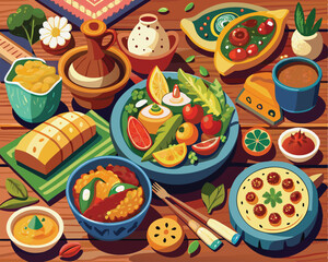 Assortment of authentic cross cultural food vector art design 