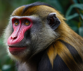 colourful mandrill in natural habitat with intense gaze