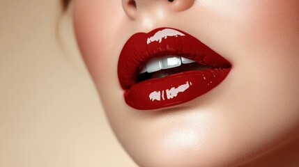 Obraz premium Close-Up of Glossy Red Lips with Perfect Smile and Flawless Skin for Beauty and Makeup Ads