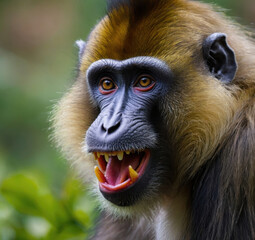 roaring mandrill showing fangs in lush forest setting