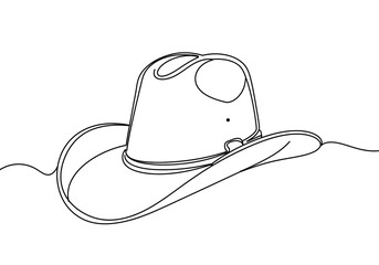 Single line drawing of a cowboy hat with a wide brim and a crease in the crown on white background