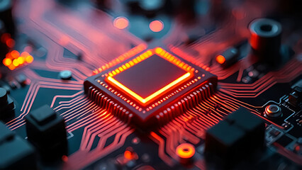 Digital Heart: A high-tech, illuminated microchip with its intricate circuits glows with dynamic orange light, highlighting the advanced technological innovation.