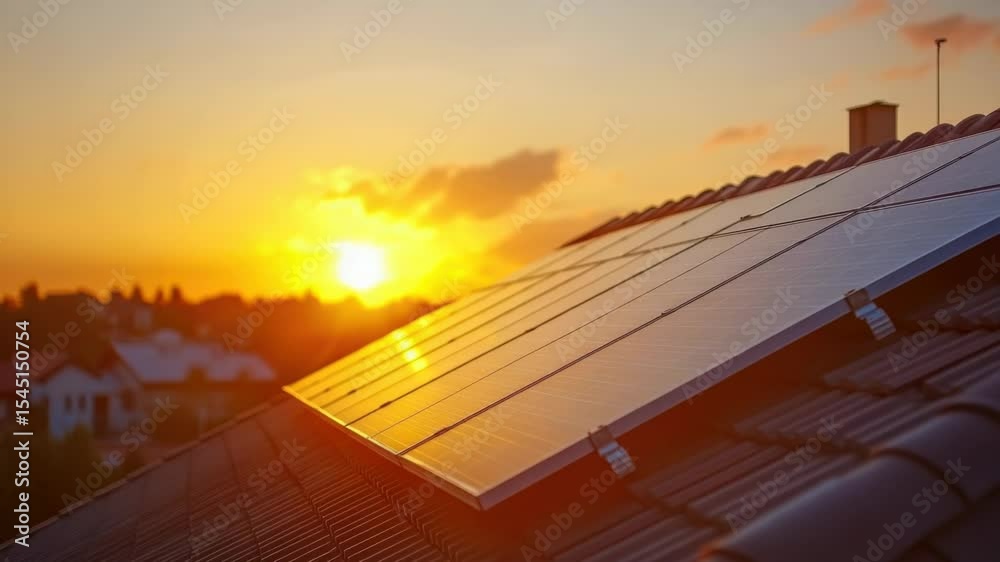 Poster a solar panel installed on a roof with the sun setting in the background