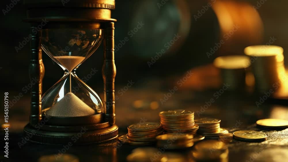 Poster A timekeeping device sits atop a treasure trove of currency, representing the passage of time and the value of wealth