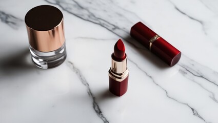Luxury Red Lipstick and Nail Polish on Elegant Marble Surface for Beauty and Makeup Enthusiasts