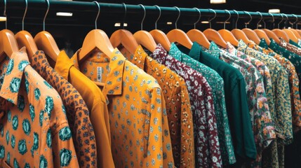 Colorful Collection of Floral and Patterned Shirts on Hangers in Boutique Display