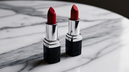 Luxurious Red Lipsticks on Elegant Marble Surface – Ideal for Beauty Lovers and Makeup Enthusiasts