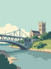 Newport, United Kingdom - Newport Transporter Bridge, Tredegar House, Newport Cathedral in bridge grey, house cream, cathedral stone, and green