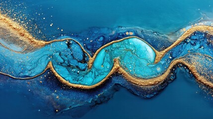 Abstract Ocean-Inspired Fluid Art with Gold Accents and Turquoise Waves