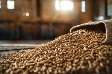 Obraz premium Ground view of scattered wood pellets spilling from a burlap sack in a rustic storage area during daylight
