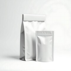  White Pet Food Packaging Mockup – Blank Paper Bag and Foil Pouch Sachet for Dog or Cat Food Branding, Zoo Store Display, or Pet Supply Product Presentation on Clean Background