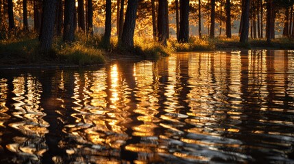 Soft sunlight glistening on forest lake waters, capturing peaceful landscape stillness