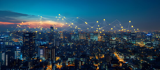 Obraz premium A city skyline at night with glowing connection