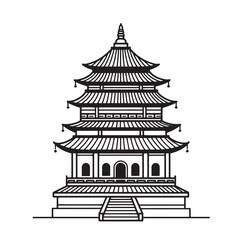 Elegant black and white illustration of a traditional asian pagoda architecture design