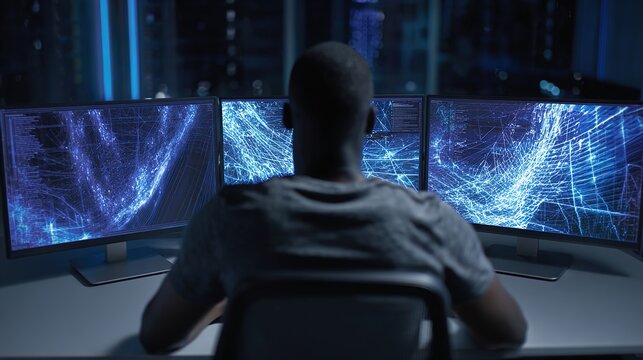 Professional IT Programer Working in Data Center on Desktop Computer with Three Displays, Doing Development of Software and Hardware. Displays Show Blockchain, Data Network Architecture Concept - Powered by Adobe