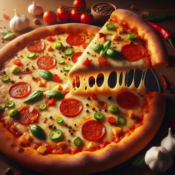 A cheesy pizza with paperoni  and basil leaf