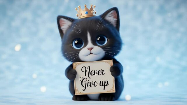 Kitten with a Golden Crown Holds a Sign Displaying Never Give Up Message in Snowy Background