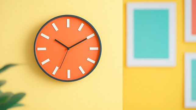 Modern Orange Clock Against a Yellow Wall with Decorative Frames