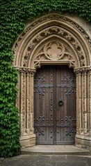 Fototapeta premium Gothic stone arched doorway with wooden door and ivy-covered walls